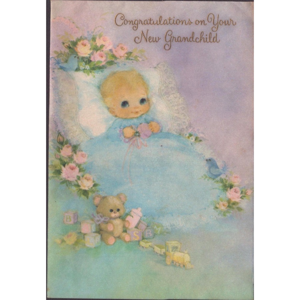 Vintage Hallmark New Grandchild Greeting Card Baby Teddy Bear Used